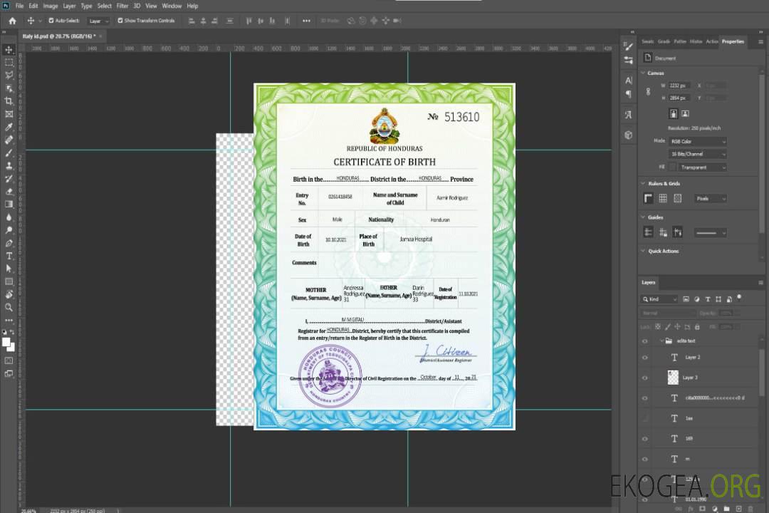 Acte d'état civil du Honduras, acte de naissance PSD template Acte d'état civil du Honduras, acte de naissance PSD template